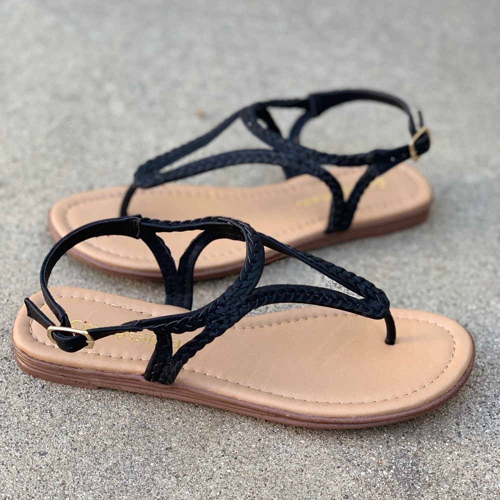 Soda Braided Triangle Black Ankle Strap Sandal